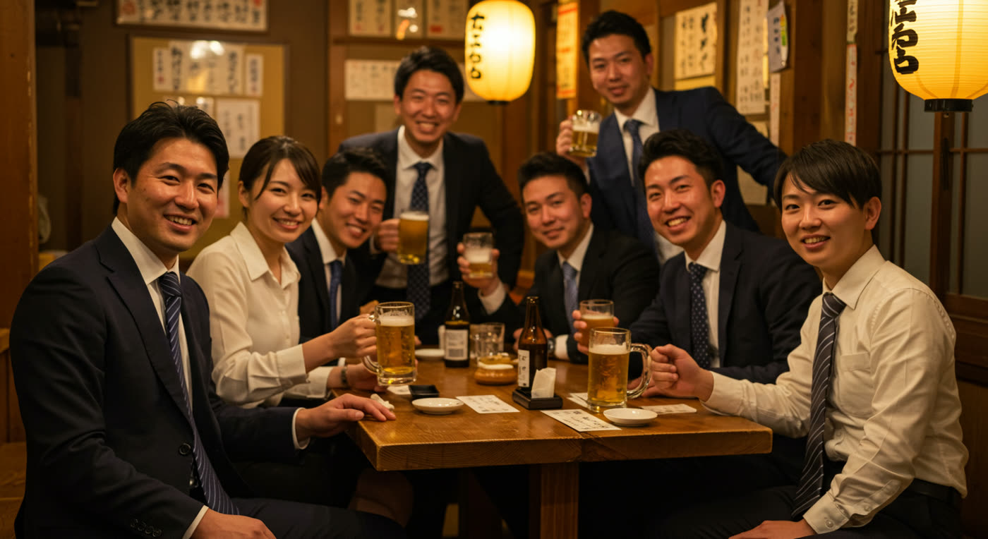 夜の懇親会で乾杯するようす